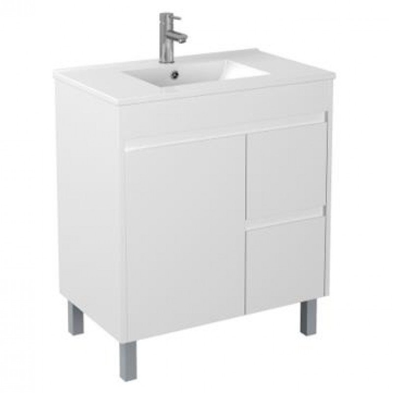 750x460x880mm Bathroom Vanity Thin Ceramic Top/Poly Top White Polyurethane PVC Freestanding Right Side Drawers