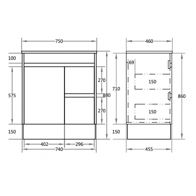 750x460x880mm Bathroom Vanity Ceramic Top / Poly Top Freestanding Kick-board White PVC Right Hand Side Drawers Polyurethane Cabinet