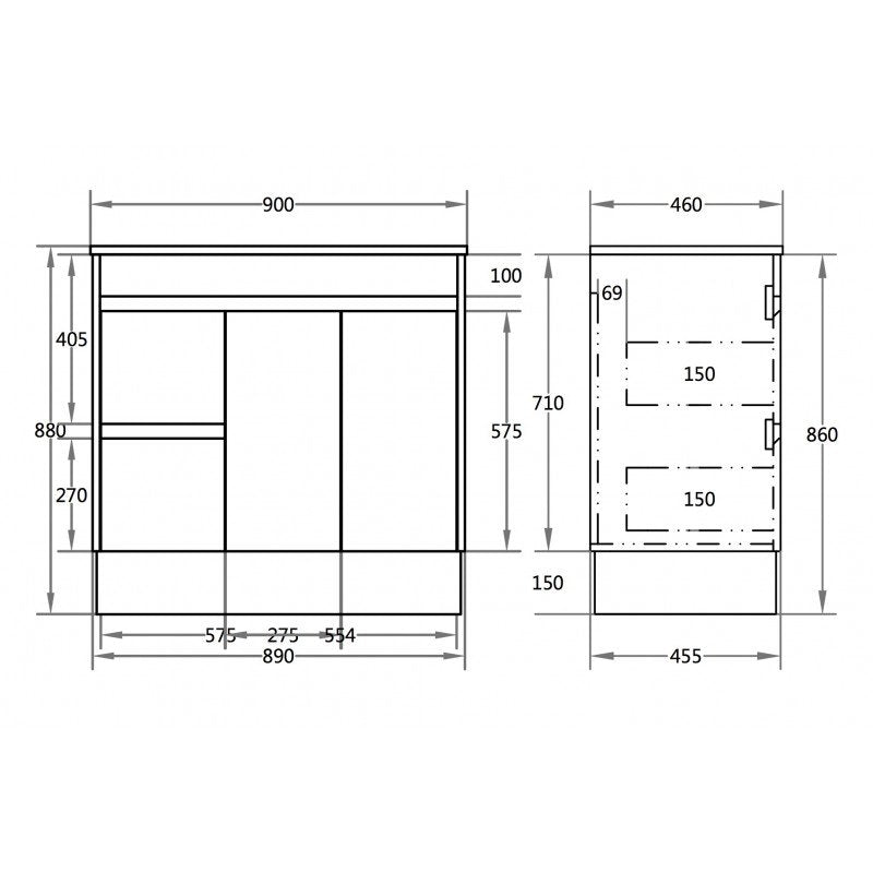 900mm PVC Vanity on Kickboard Ceramic Top Polyurethane Cabinet