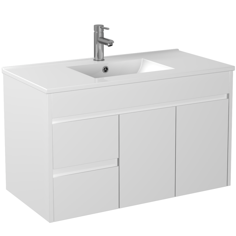 900x460x550mm Bathroom Vanity Thin Ceramic Top/Poly Top Polyurethane White PVC Left Hand Side Drawers Cabinet