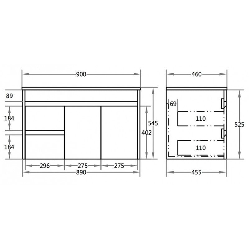 900x460x550mm Bathroom Vanity Thin Ceramic Top/Poly Top Polyurethane White PVC Left Hand Side Drawers Cabinet