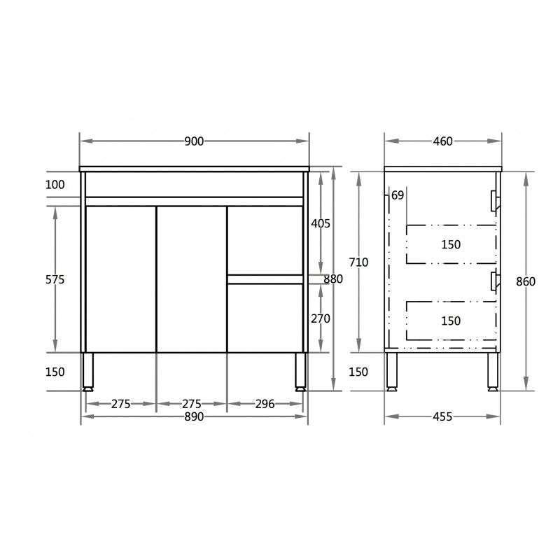 900x460x880mm Bathroom Vanity Thin Ceramic Top / Poly Top Freestanding Right Side Drawers White PVC Polyurethane