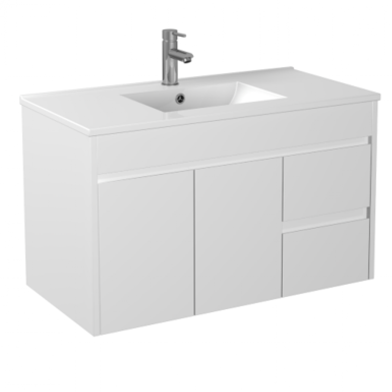 900x460x550mm Bathroom Vanity Thin Ceramic Top/Poly Top Polyurethane White PVC Right Hand Side Drawers Cabinet