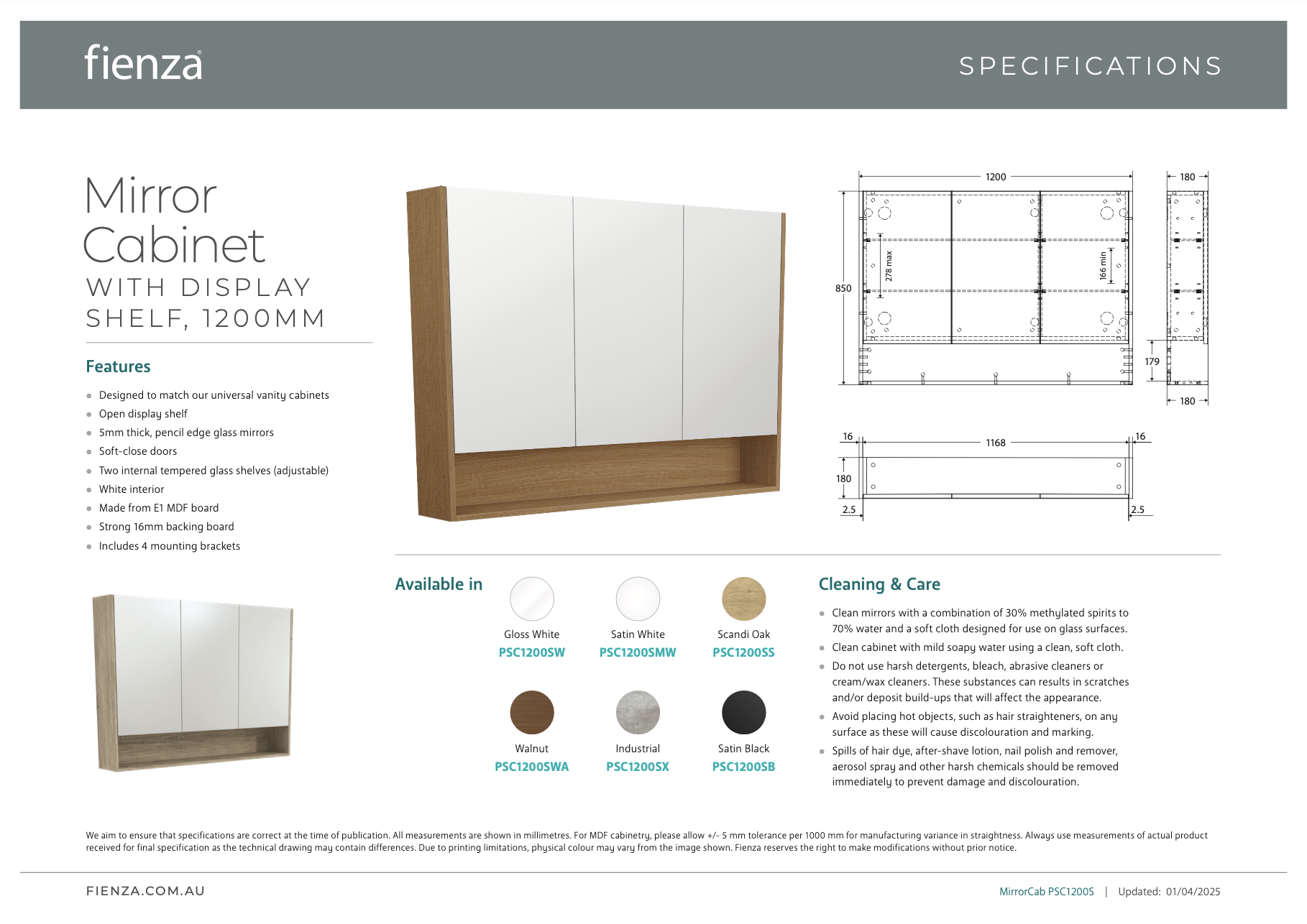 Fienza Mirror Cabinet 1200 with Display Shelf SCANDI OAK