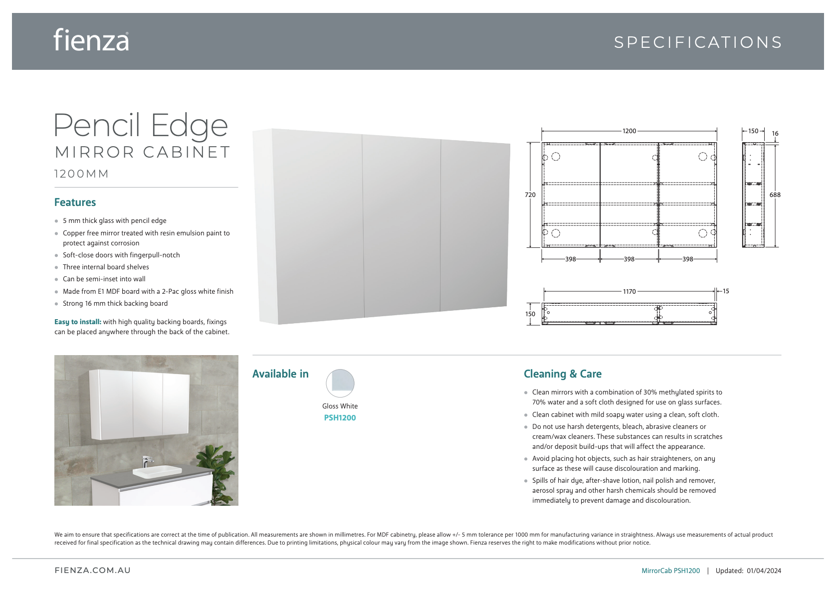 Fienza Pencil Edge 1200 Mirror Cabinet