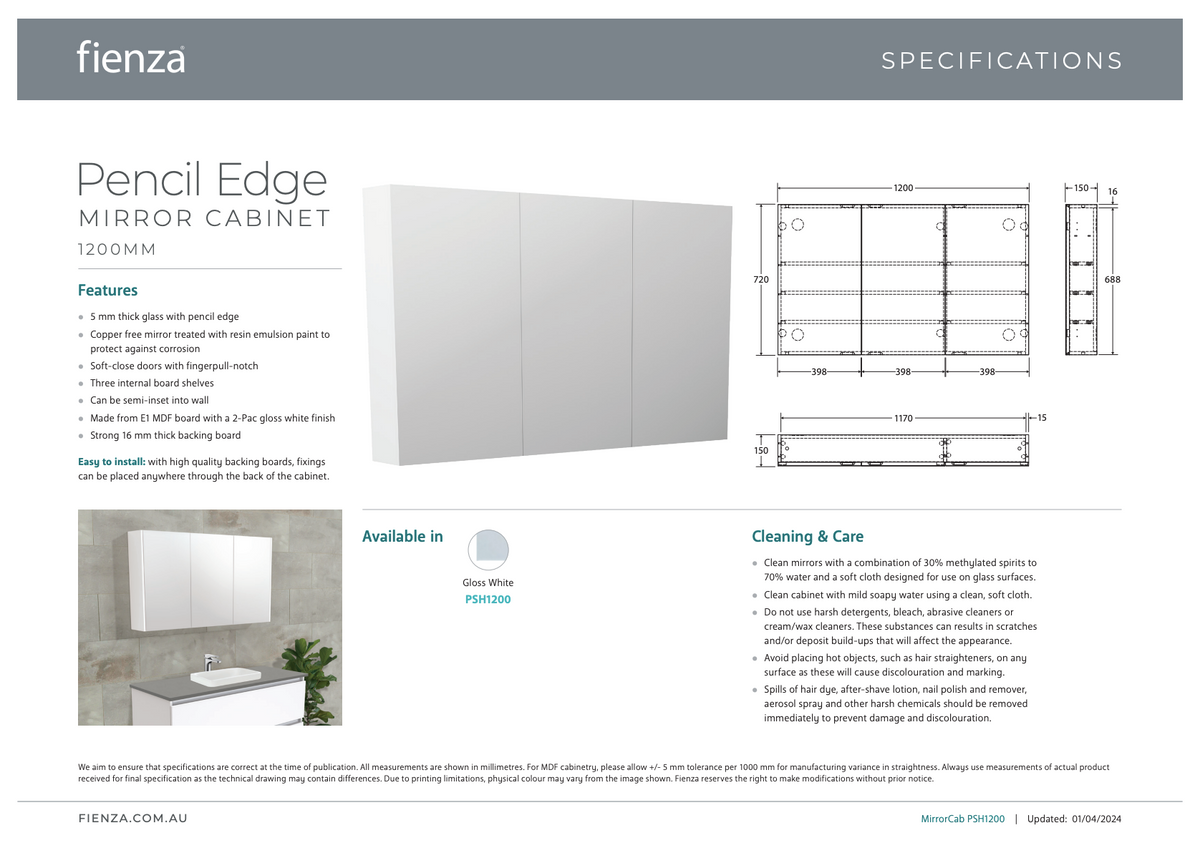 Fienza Pencil Edge 1200 Mirror Cabinet