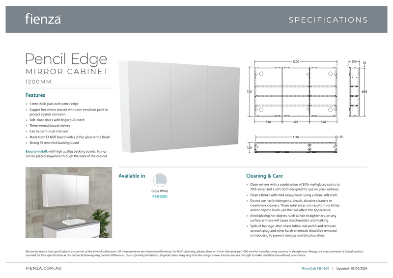 Fienza Pencil Edge 1200 Mirror Cabinet