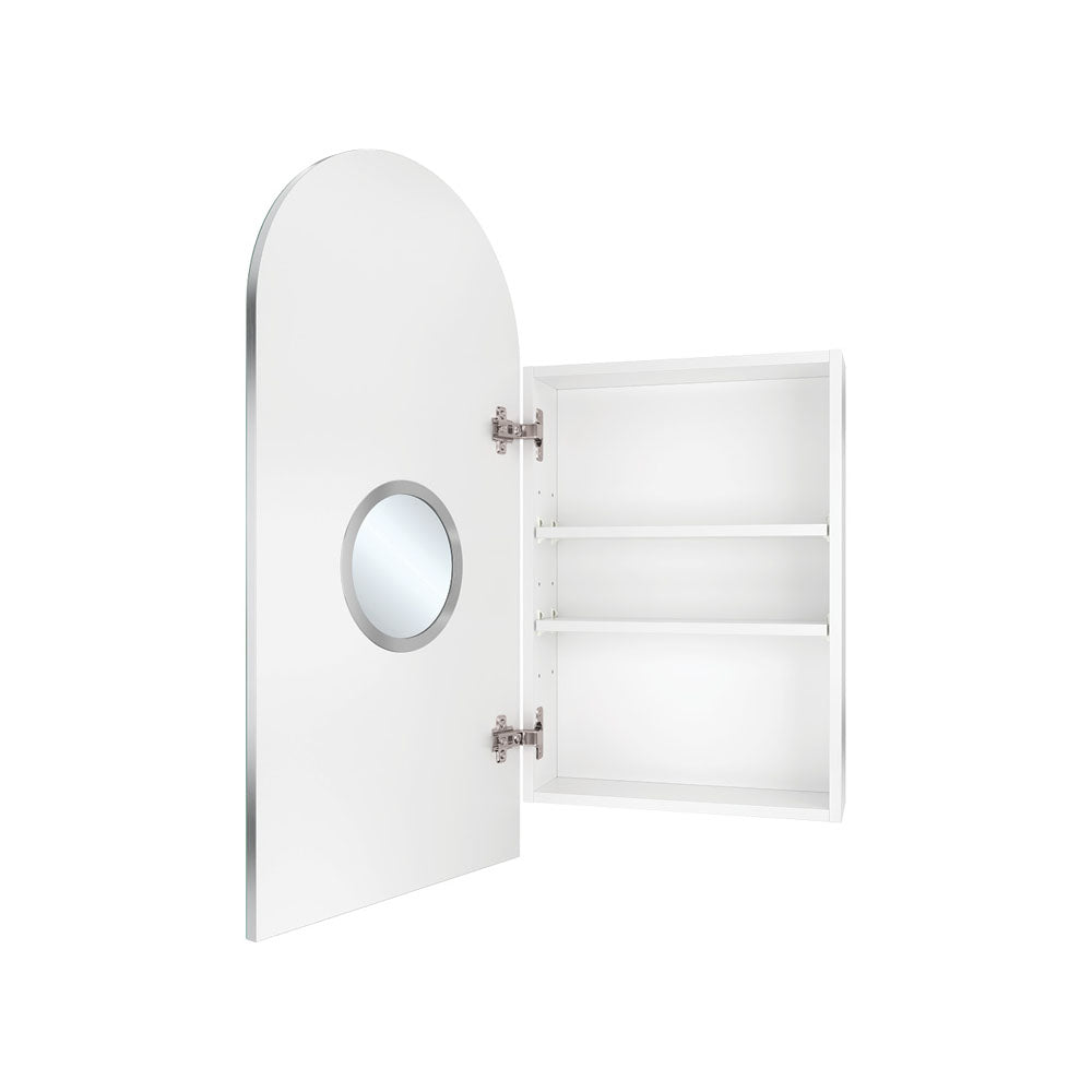 Fienza Arch Mirror Cabinet open, showing two shelves and the magnifying mirror