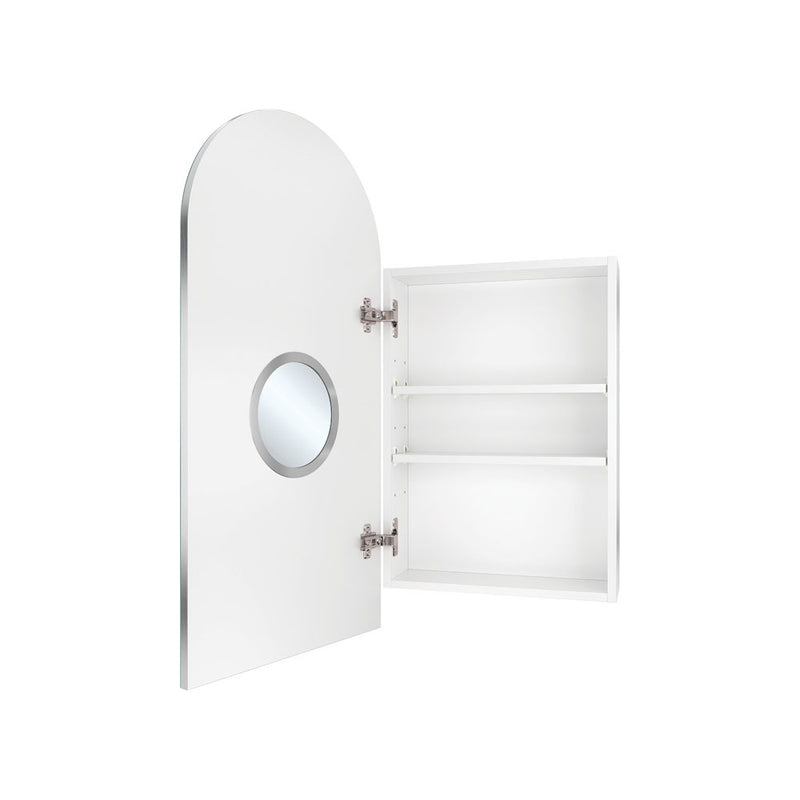 Fienza Arch Mirror Cabinet open, showing two shelves and the magnifying mirror