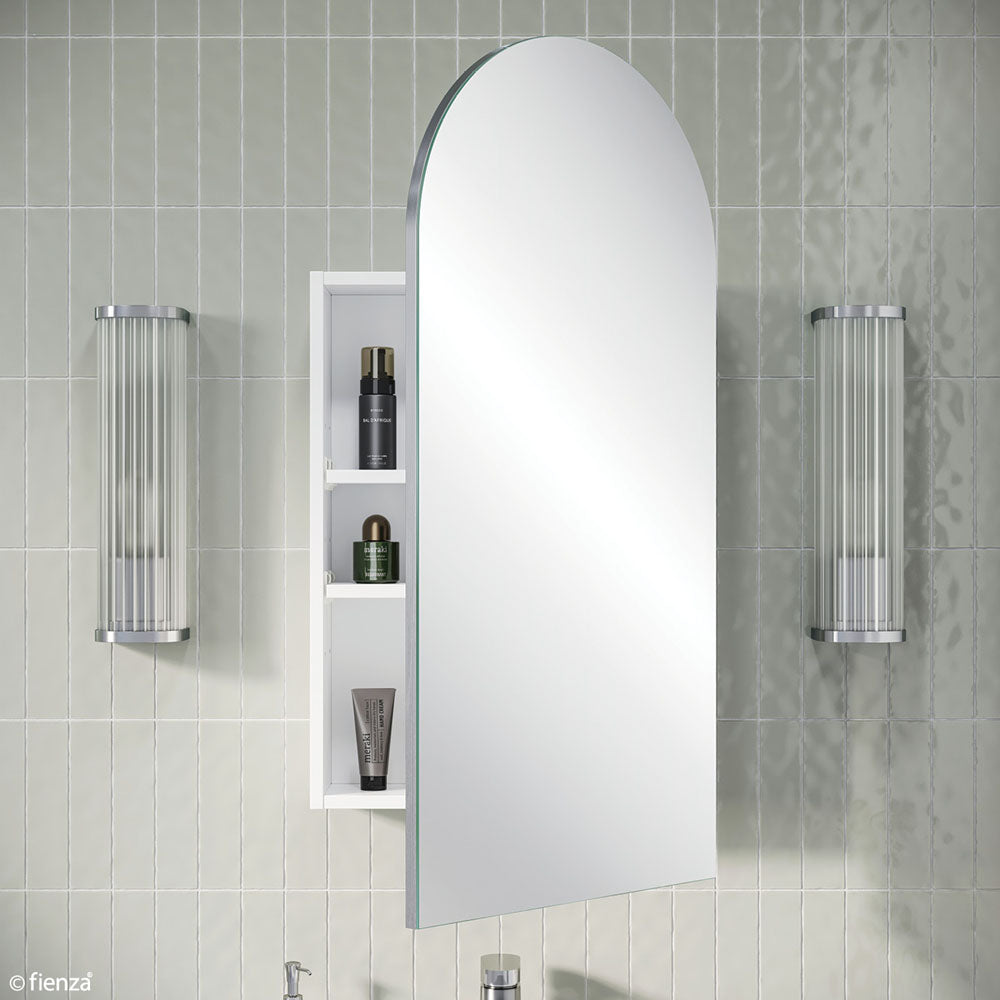 Fienza Arch Mirror Cabinet installed on a tiled bathroom wall