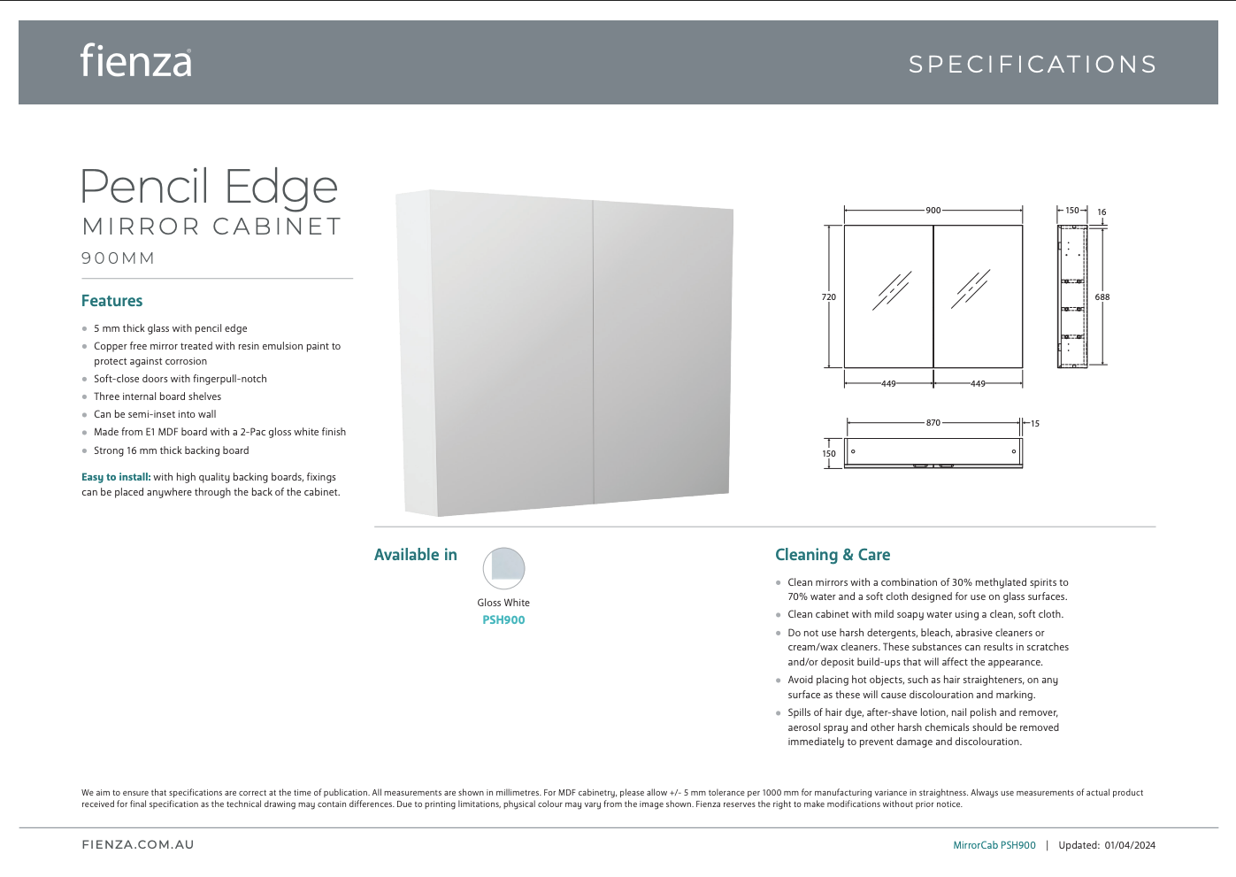 Fienza Mirror Cabinet Pencil Edge 900 x 720 x 150 mm