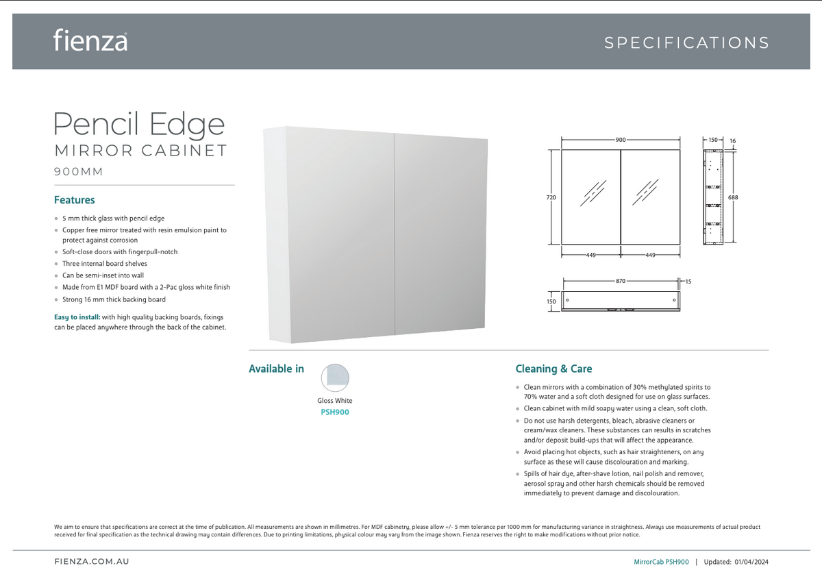 Fienza Mirror Cabinet Pencil Edge 900 x 720 x 150 mm