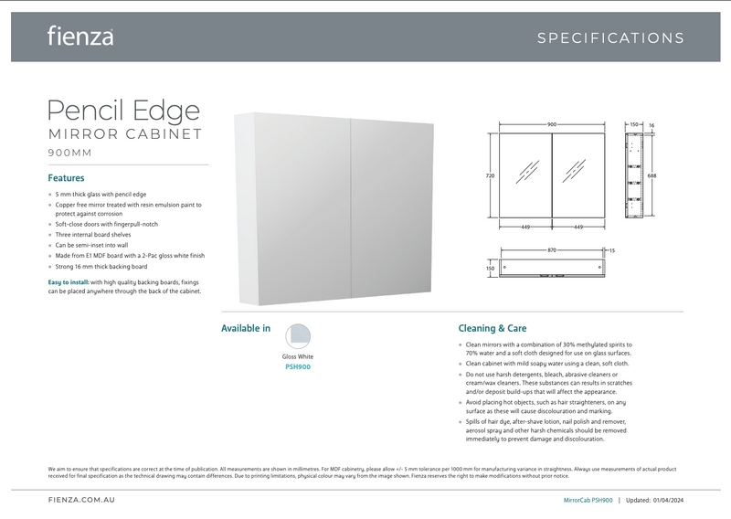 Fienza Mirror Cabinet Pencil Edge 900 x 720 x 150 mm