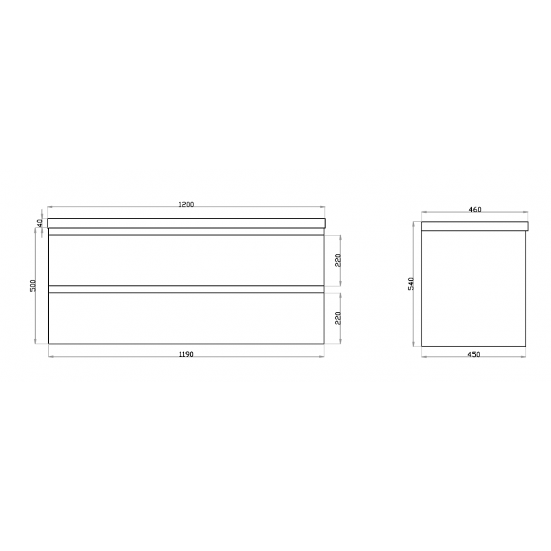 1200x460x540mm Wall Hung Bathroom Vanity Dark Oak Wood Grain PVC Vacuum Filmed Double Drawers Ceramic/Poly Top