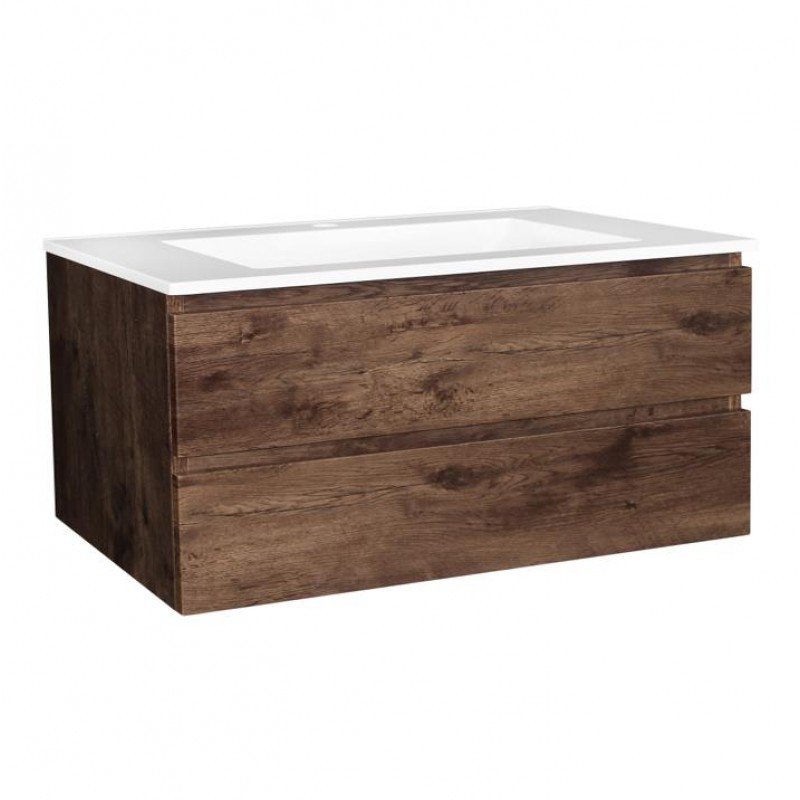 1200x460x540mm Wall Hung Bathroom Vanity Dark Oak Wood Grain PVC Vacuum Filmed Double Drawers Ceramic/Poly Top