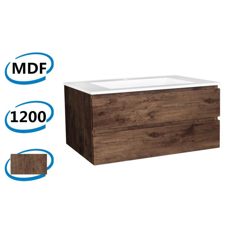 1200x460x540mm Wall Hung Bathroom Vanity Dark Oak Wood Grain PVC Vacuum Filmed Double Drawers Ceramic/Poly Top
