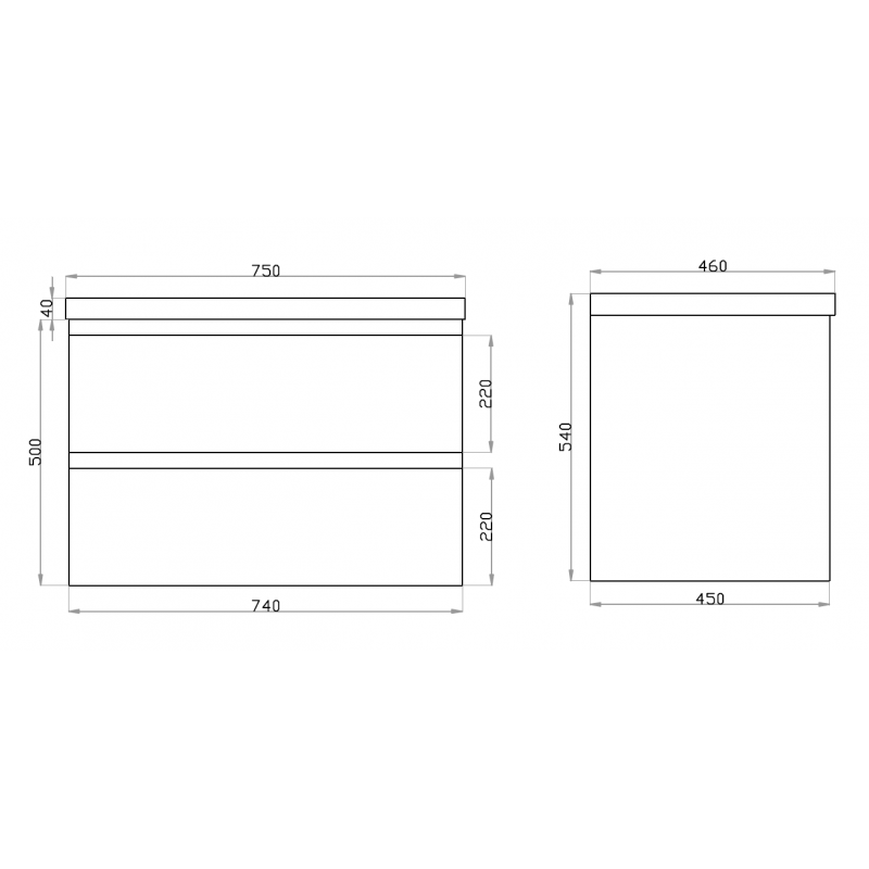 750x460x540mm Wall Hung Bathroom Vanity Matt White PVC Vacuum Filmed Double Drawers Ceramic/Poly Top