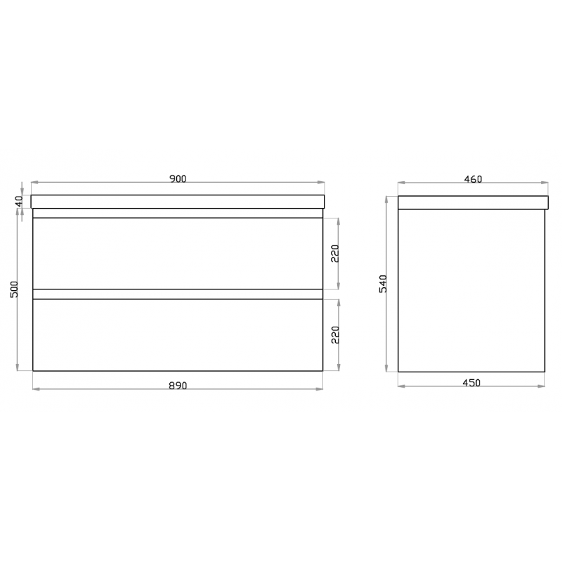 900x460x540mm Wall Hung Bathroom Vanity Matt White PVC Vacuum Filmed Double Drawers Ceramic/Poly Top