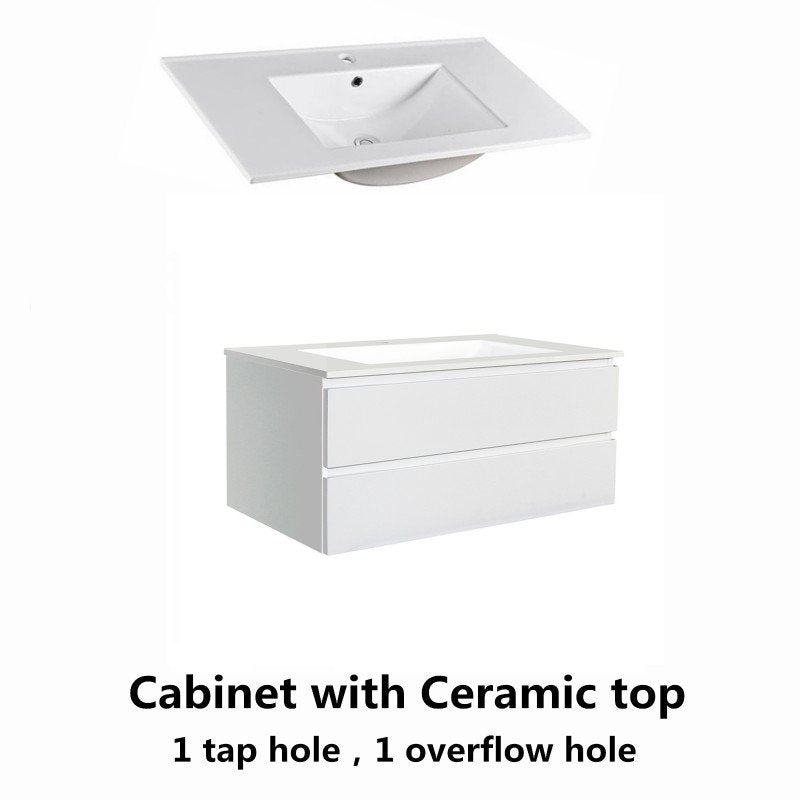 900x460x540mm Wall Hung Bathroom Vanity Matt White PVC Vacuum Filmed Double Drawers Ceramic/Poly Top