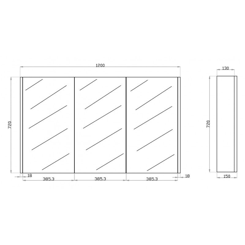 1200Lx720Hx150Dmm Dark Oak Wood Grain PVC Filmed Shaving Cabinet With Mirror Wall Hung