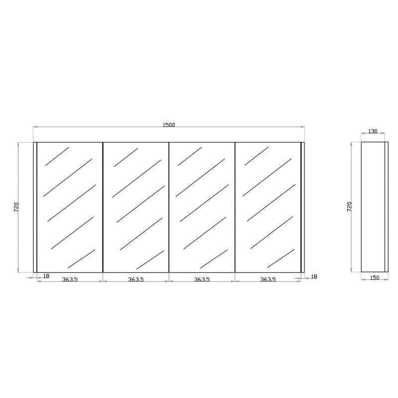 1500Lx720Hx150Dmm Dark Grey Wood Grain PVC Filmed Shaving Cabinet With Mirror Wall Hung