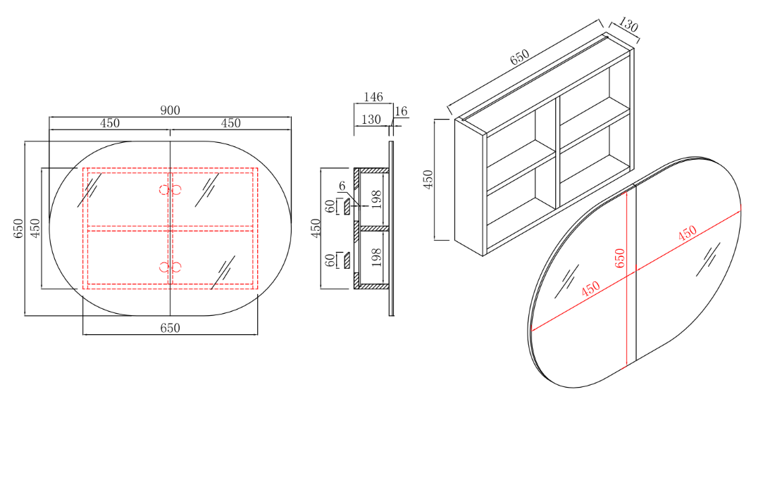 Ovia 900mm Rosy Horizontal Pill Oval Shaving Cabinet Matte White