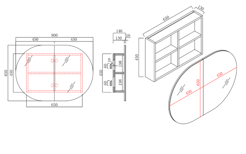Ovia 900mm Rosy Horizontal Pill Oval Shaving Cabinet Matte White