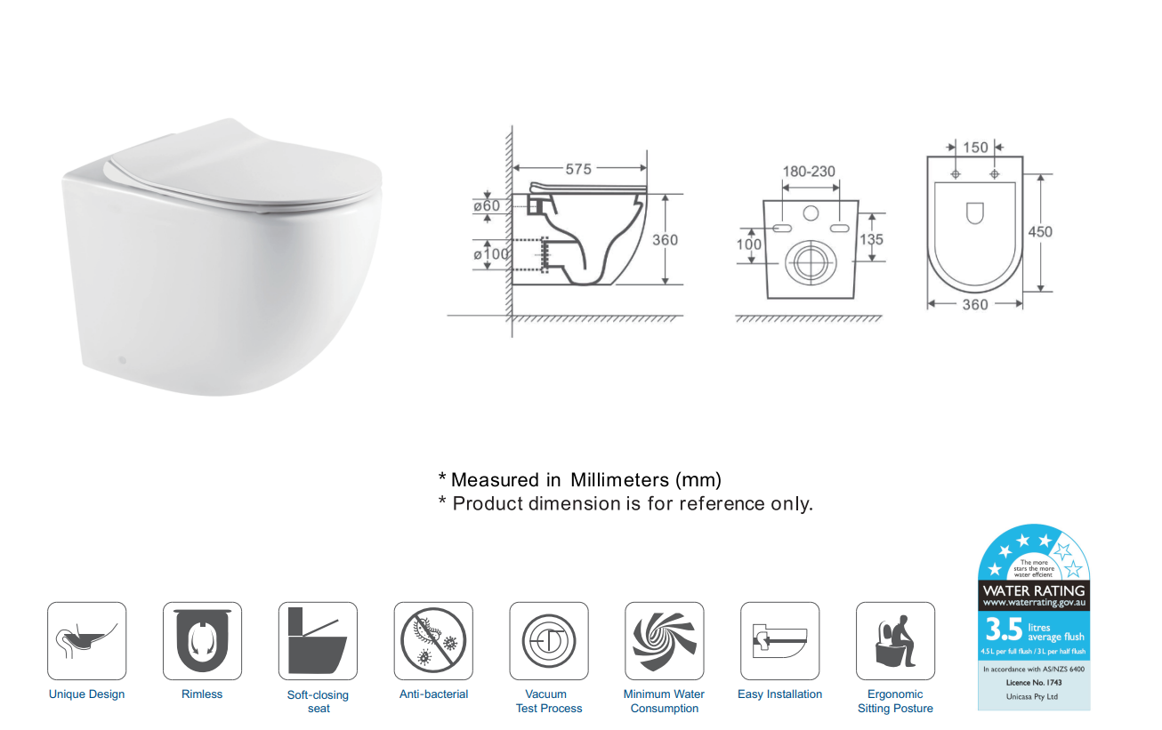 Rubine Raul Rimless Wall Hung Pan