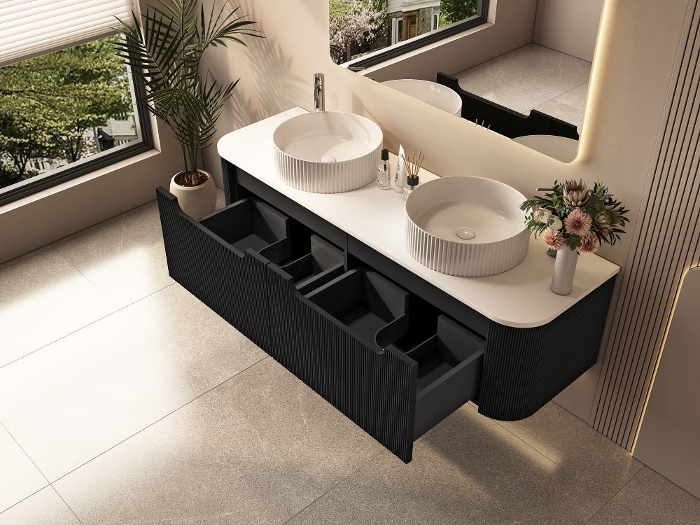 Rome Fluted Groove 1500mm Wall-Hung Cabinet - Matt Black