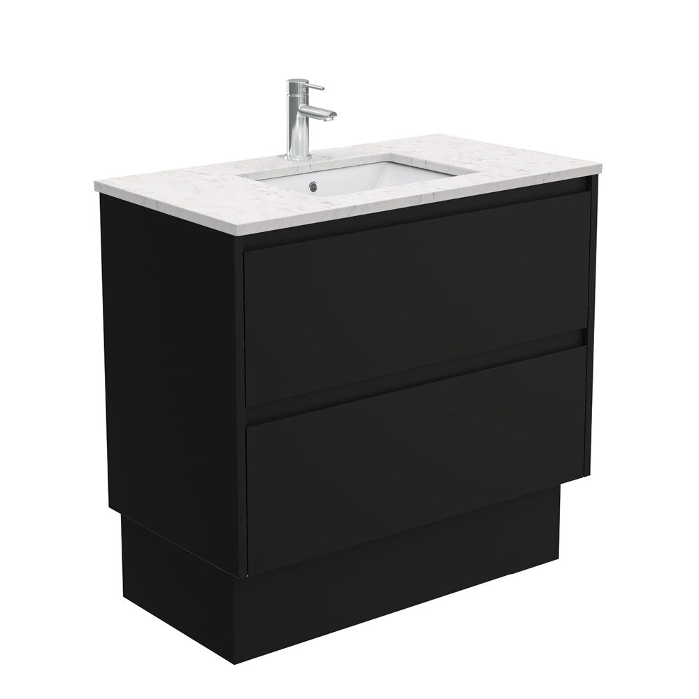 Fienza Sarah Bianco Marble Undermount 900 Amato Satin Black Vanity on Kick