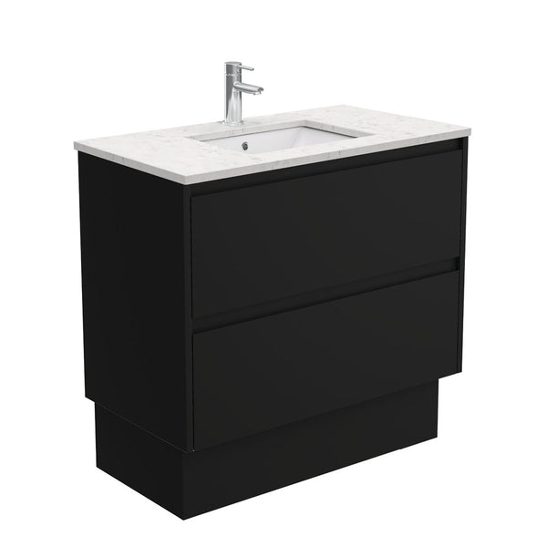 Fienza Sarah Bianco Marble Undermount 900 Amato Satin Black Vanity on Kick