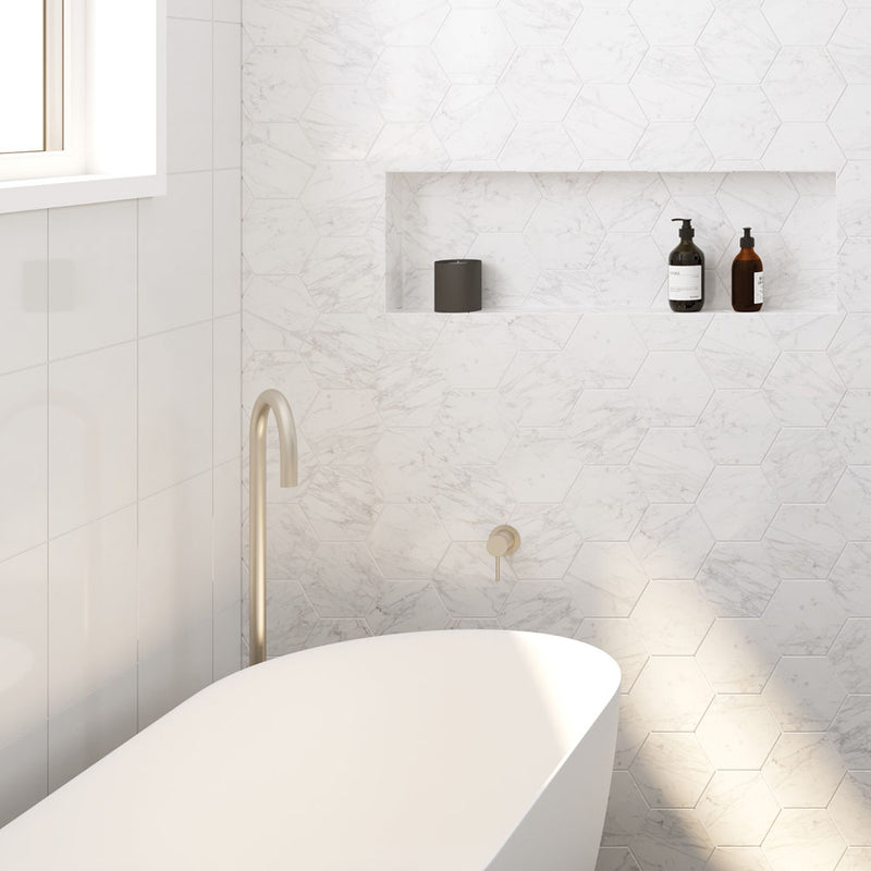 Fienza Kaya Gooseneck Floor Mounted Bath Outlet, Brushed Nickel