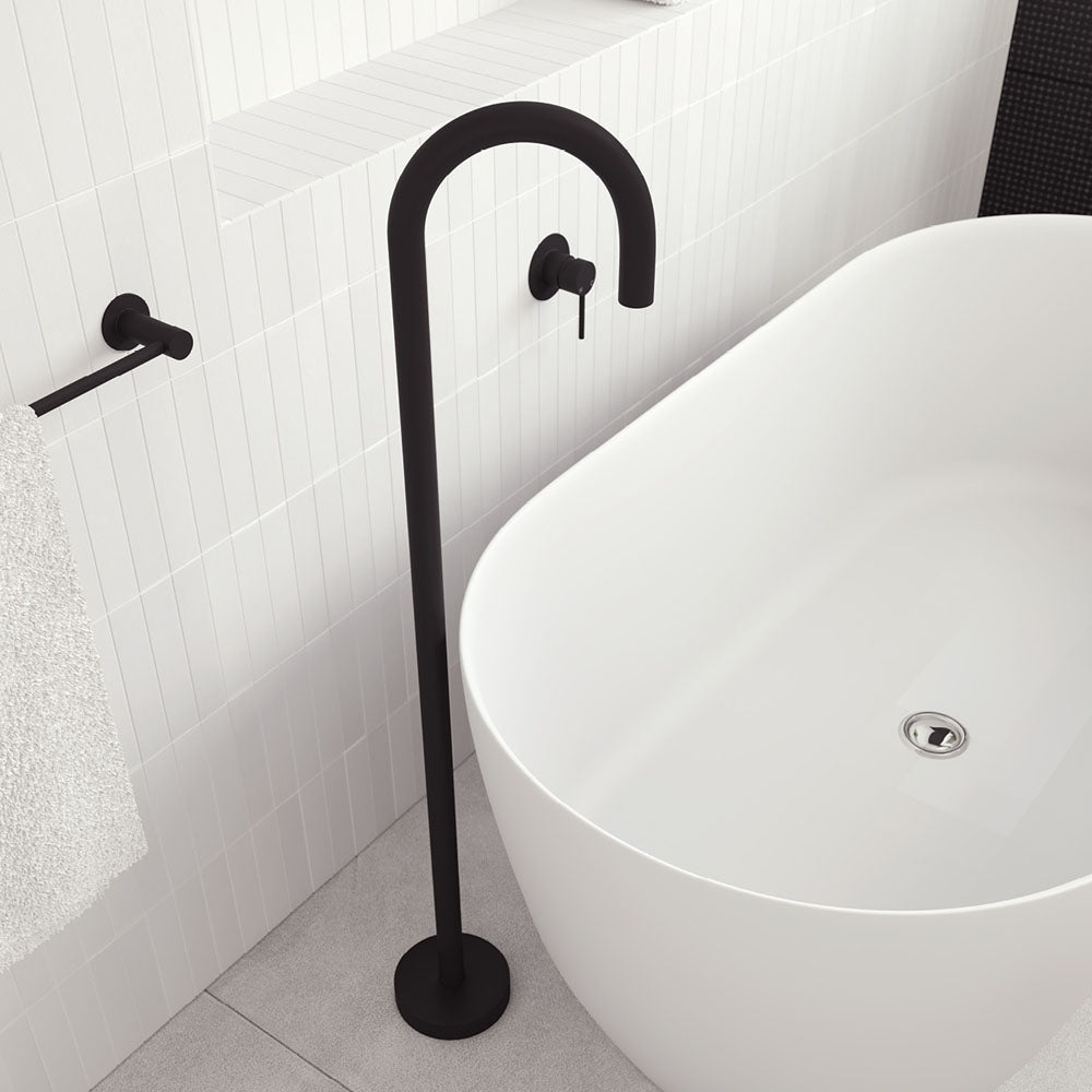 Fienza Kaya Gooseneck Floor Mounted Bath Outlet, Matte Black