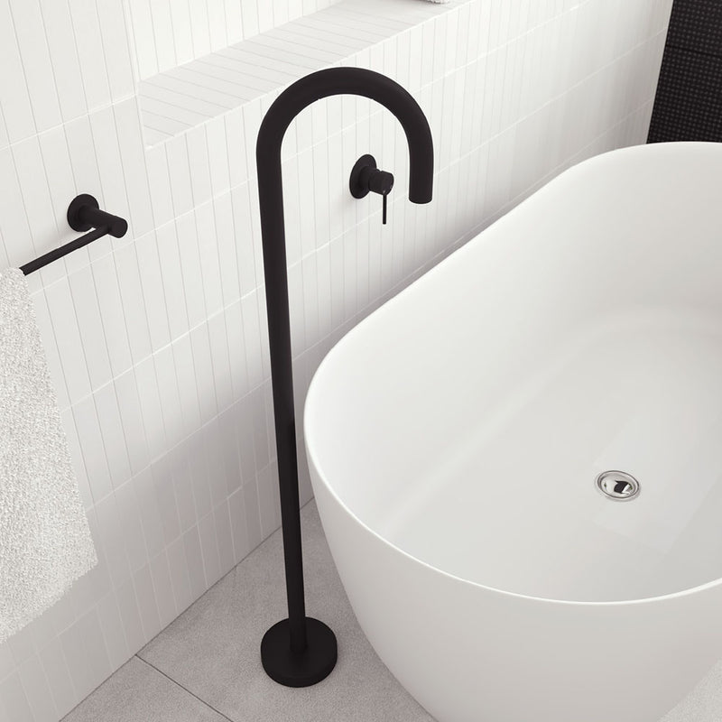 Fienza Kaya Gooseneck Floor Mounted Bath Outlet, Matte Black