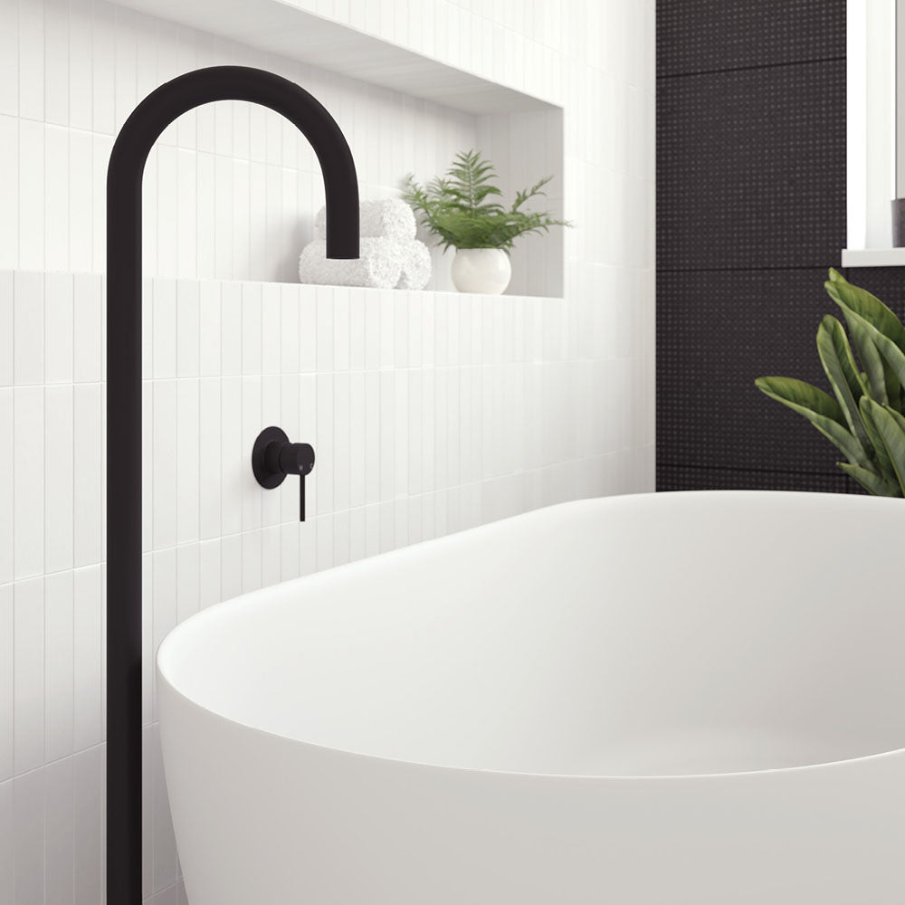 Fienza Kaya Gooseneck Floor Mounted Bath Outlet, Matte Black