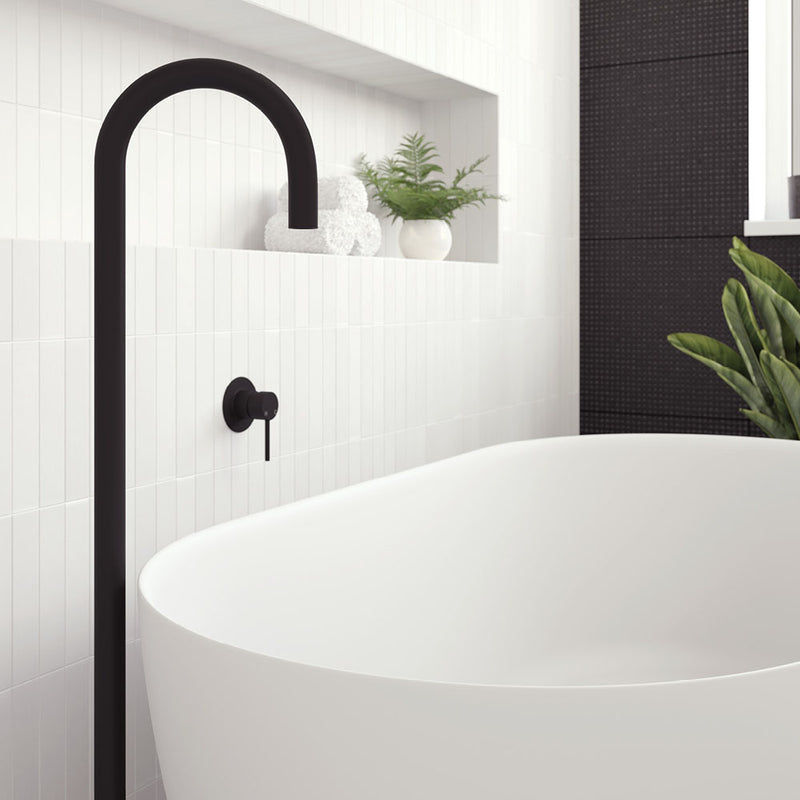 Fienza Kaya Gooseneck Floor Mounted Bath Outlet, Matte Black