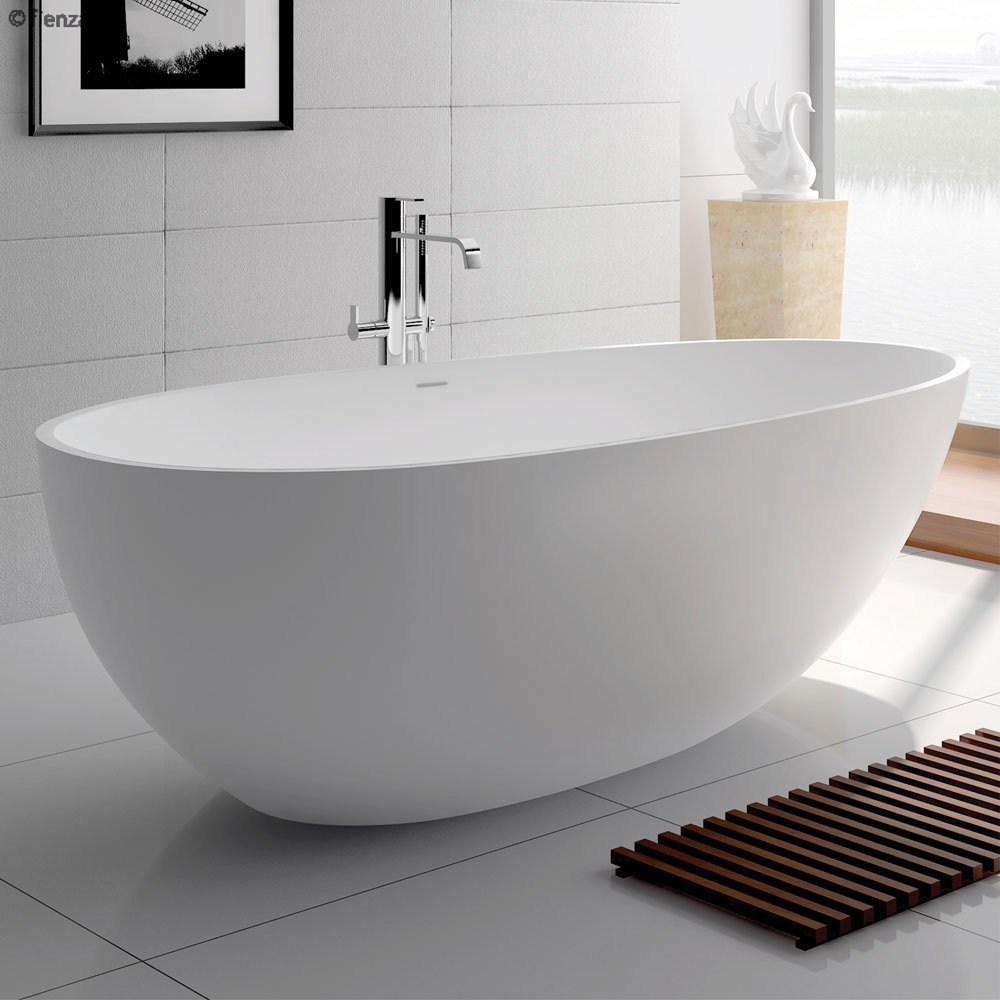 FIENZA BAHAMA MATTE WHITE CAST STONE FREE STANDING BATH TUB 1500mm & 1700mm