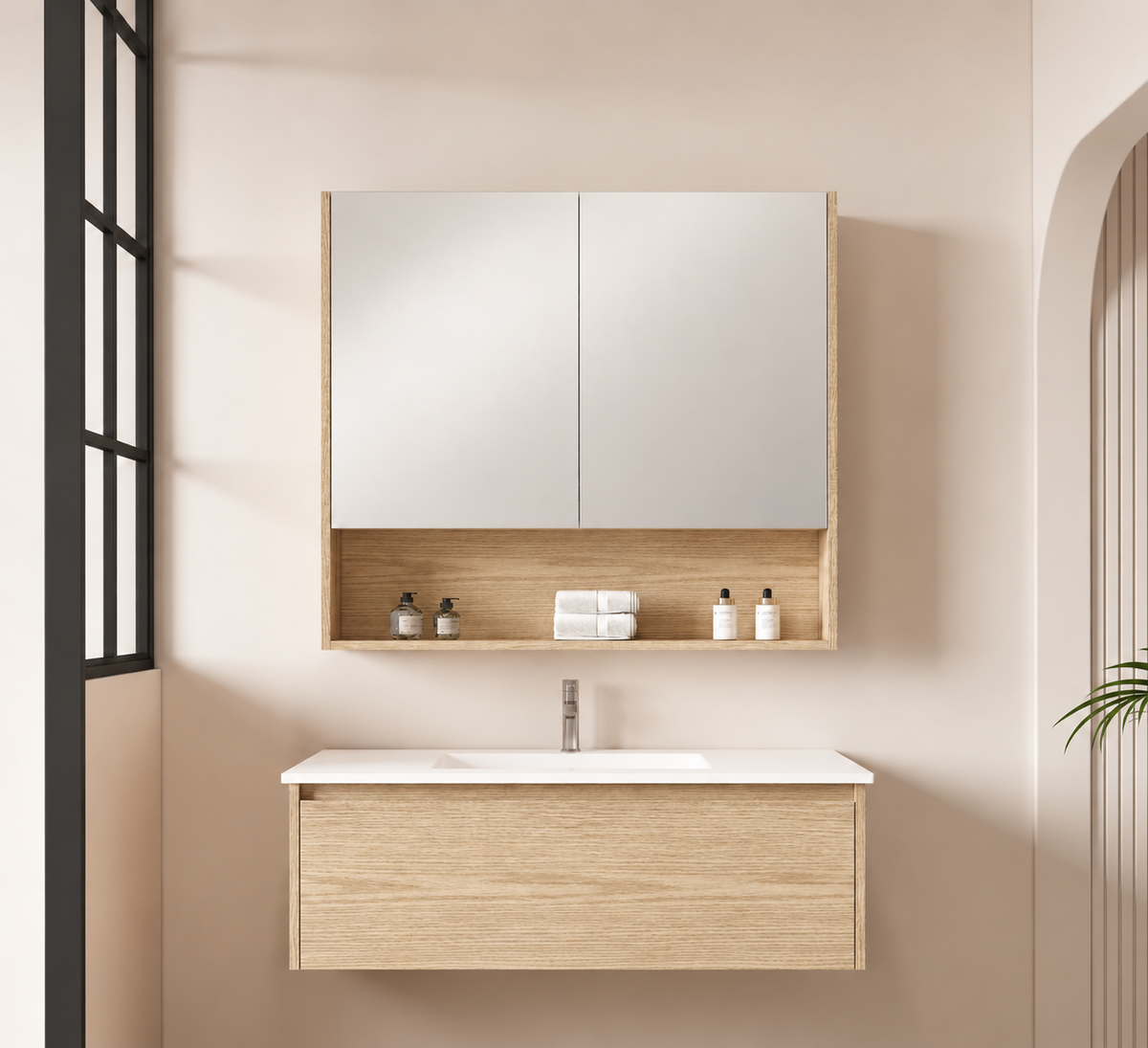 Fienza 900 Mirror Cabinet with Display Shelf, Scandi Oak