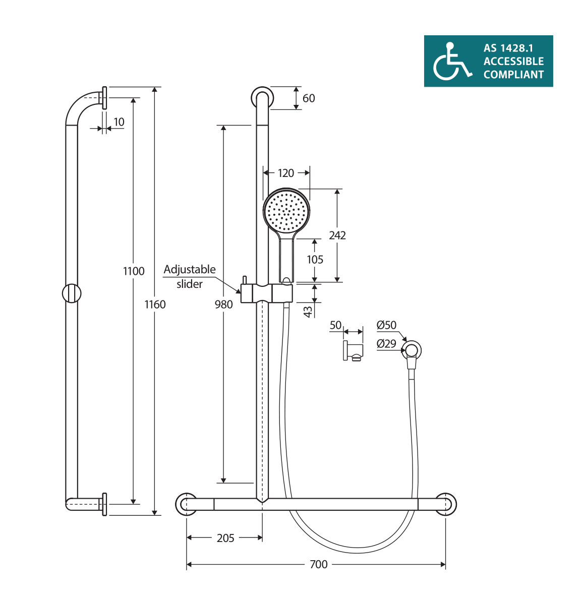Fienza HUSTLE CARE Matte Black Inverted T Rail Shower, Right-Hand Disabled Shower