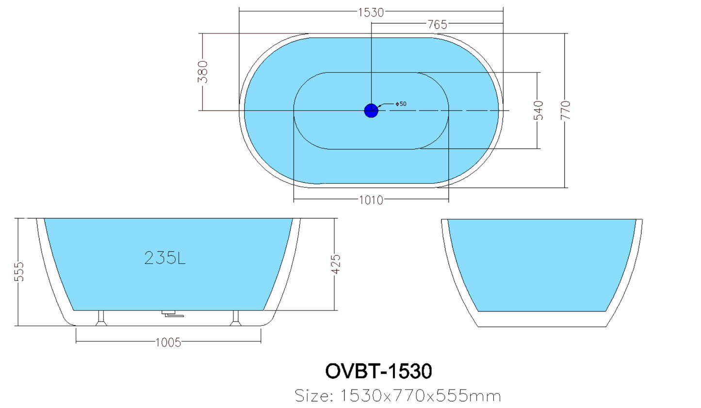 1530*770*555mm Olivia Oval Bathtub Freestanding Acrylic Gloss White Bath tub