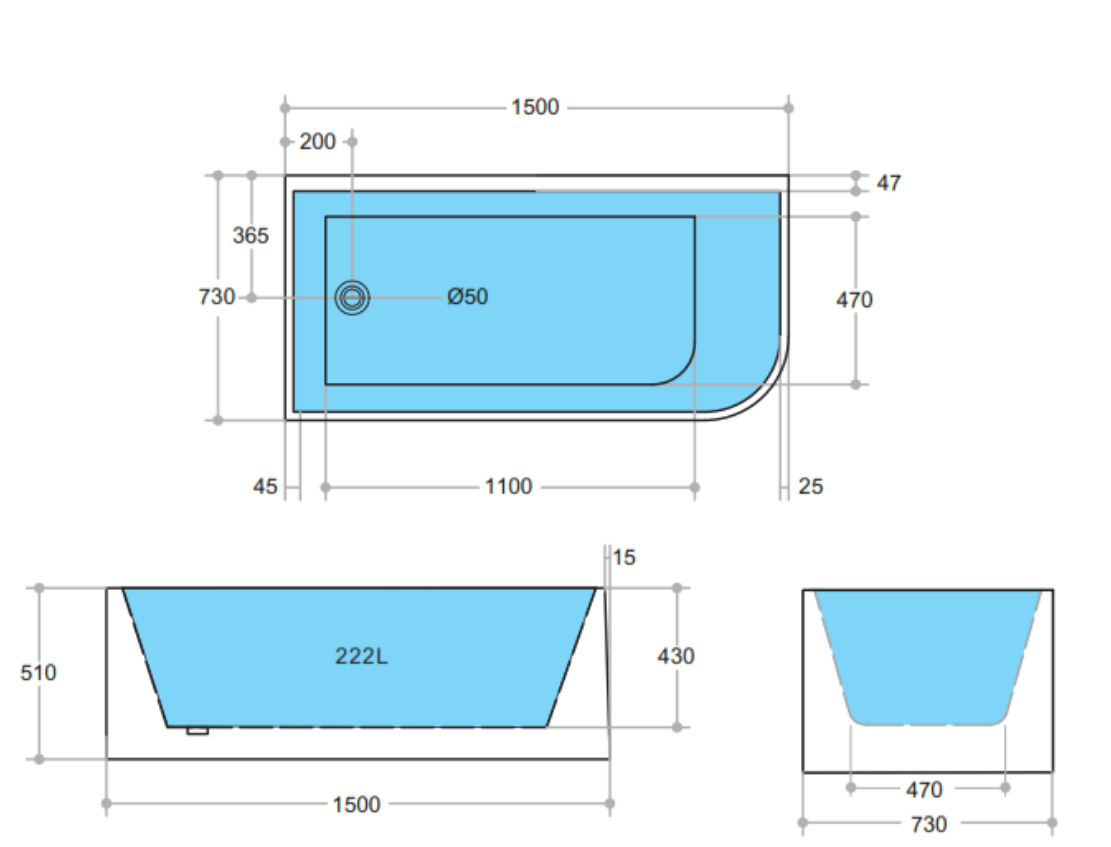 1500x730x510mm Bathtub Left Corner Back to Wall Acrylic Gloss White Freestanding Bath tub