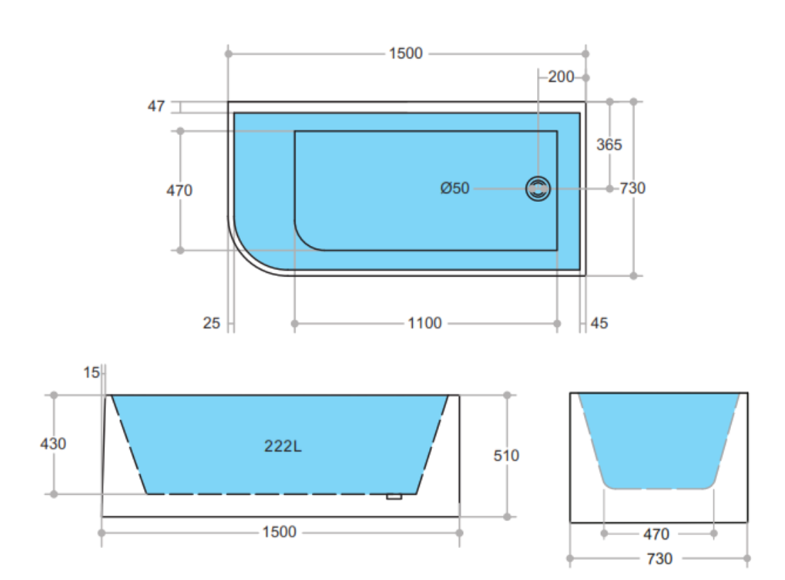 1500x730x510mm Bathtub Right Corner Back to Wall Acrylic Gloss White Freestanding Bath tub