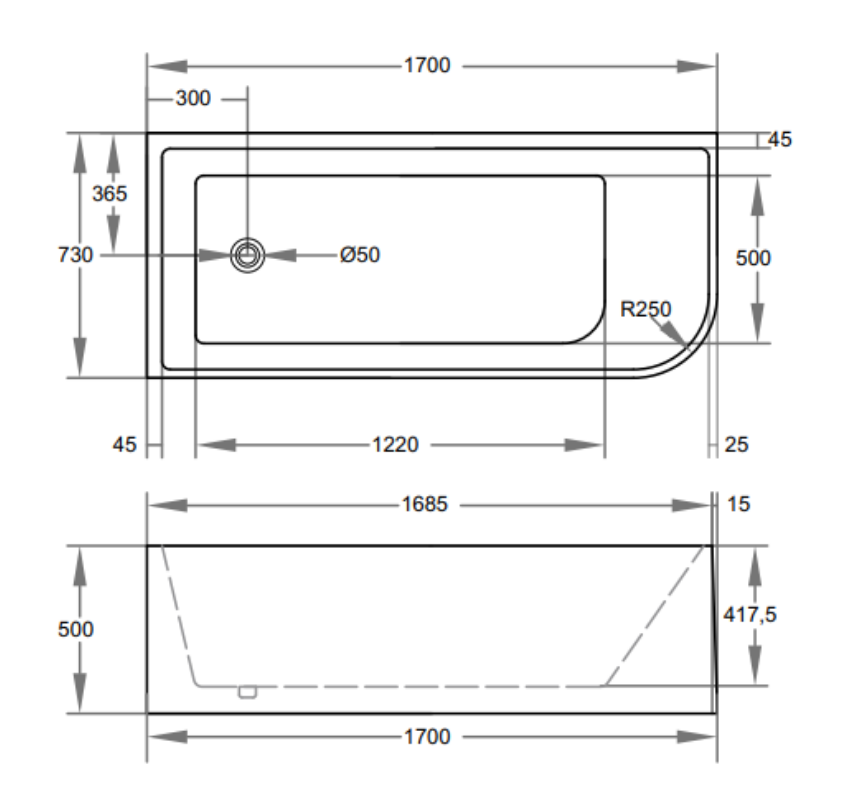 1700*730*510mm Corner Bathtub Left Corner Back to Wall Acrylic White Bath tub