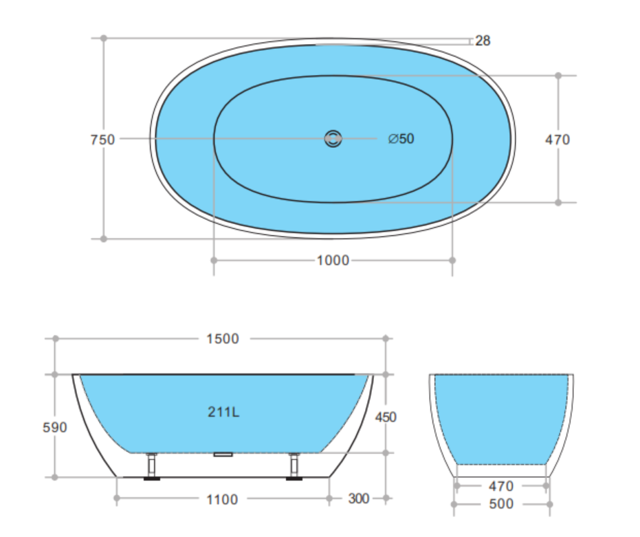Stella Egg Shaped 1500mm Matte White Free Standing Bath Tub