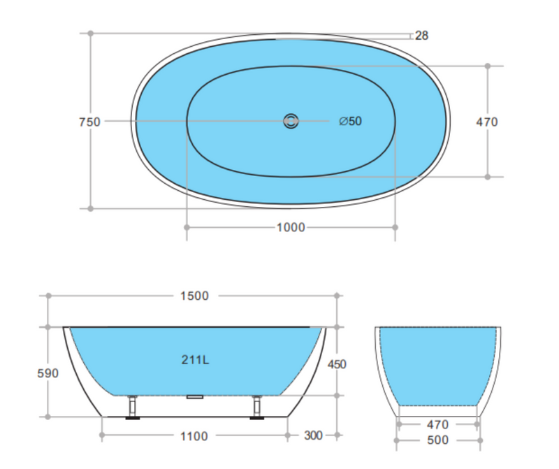 Stella Egg Shaped 1500mm Matte White Free Standing Bath Tub