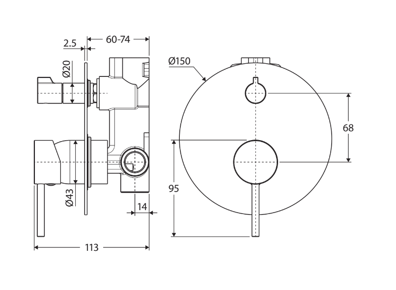 Kaya Wall Diverter Mixer, Gun Metal, Large Round Plate