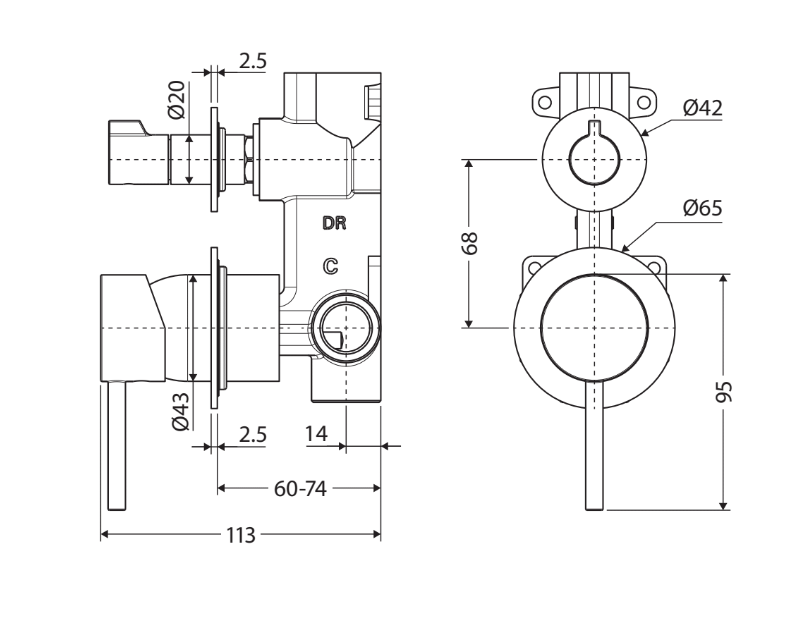 Kaya Wall Diverter Mixer, Gun Metal, Small Round Plates