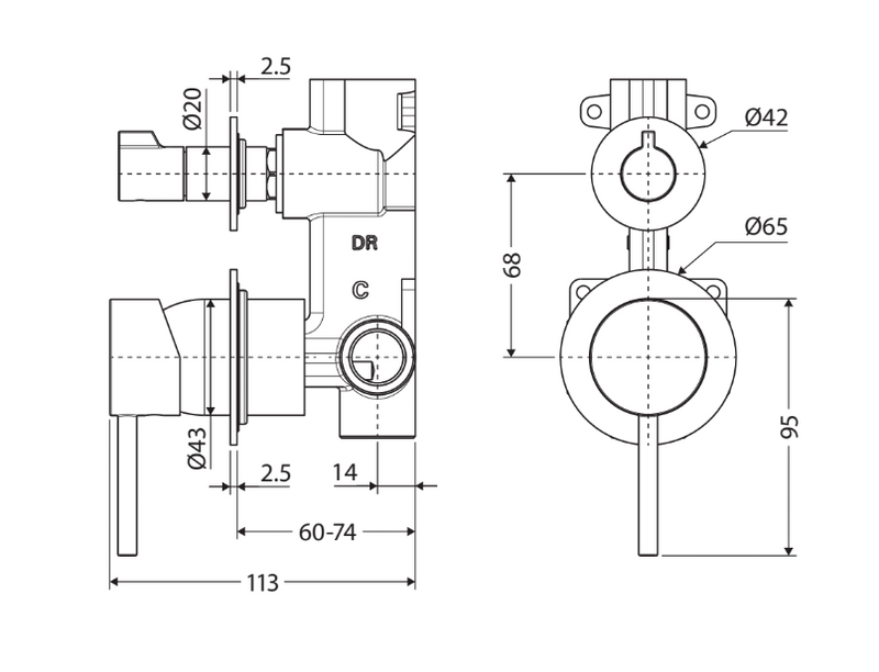 Kaya Wall Diverter Mixer, Gun Metal, Small Round Plates