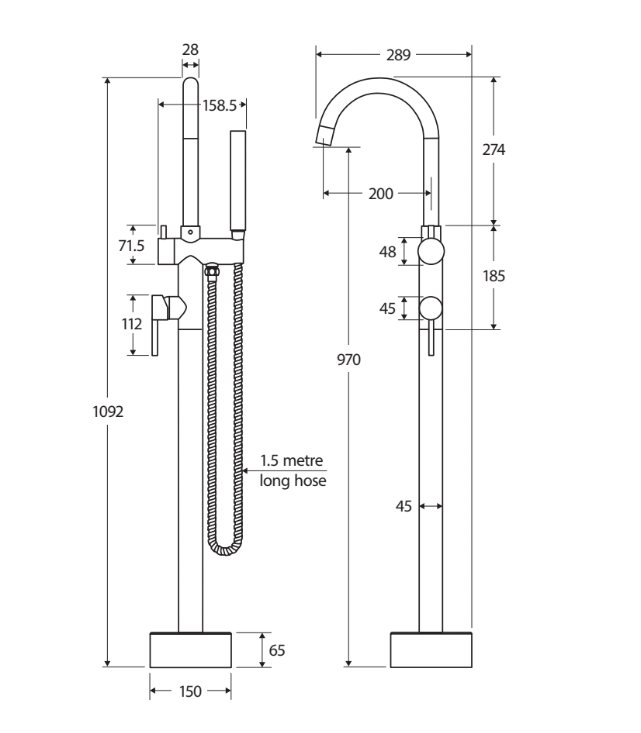 Kaya Floor Mounted Bath Mixer With Hand Shower, Gun Metal