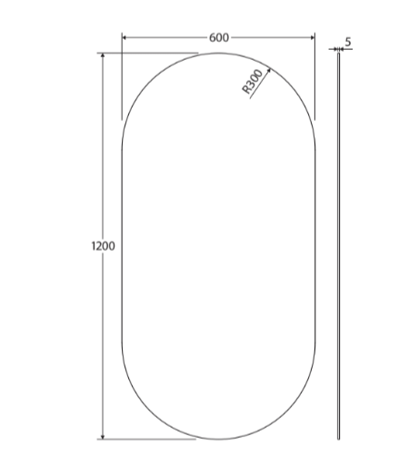 600 x 1200mm Pill Oval Shaped Mirror Pencil Edge Copper Free